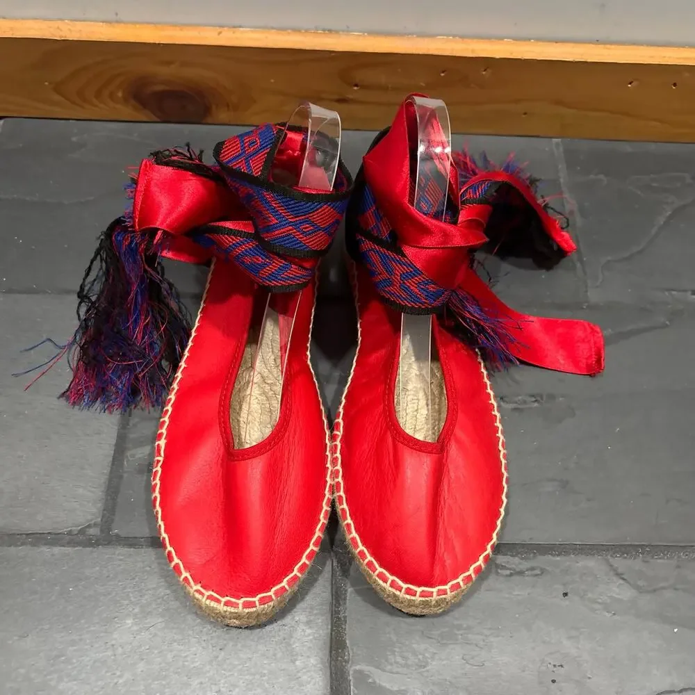 Free People Maya Red Leather Espadrille with Ribbon Ankle Ties - size 39, US 8.5